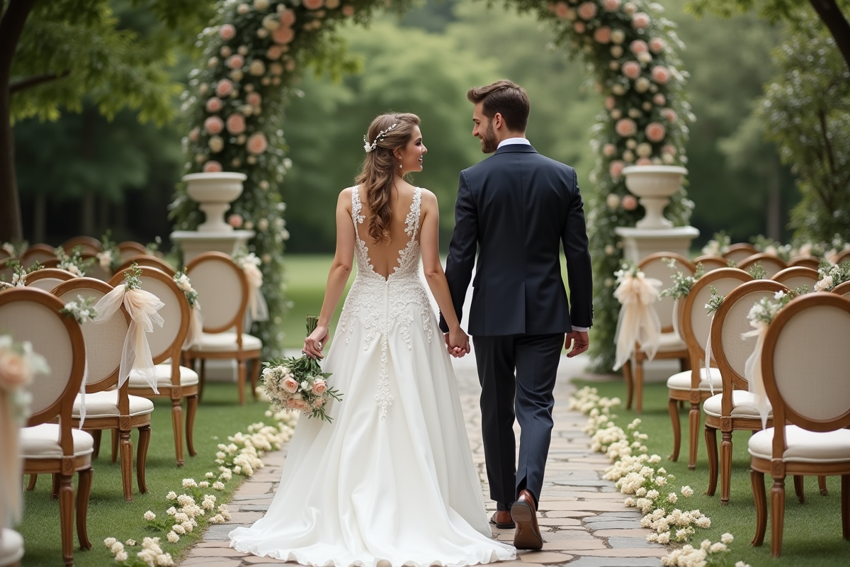 Cérémonie laïque en extérieur avec arche fleurie élégante